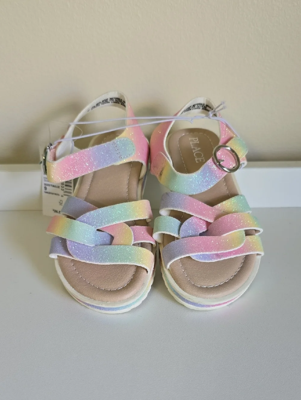 NWT Children's Place Kids' Glitter Pastel Rainbow Sandals Buckle Size 9